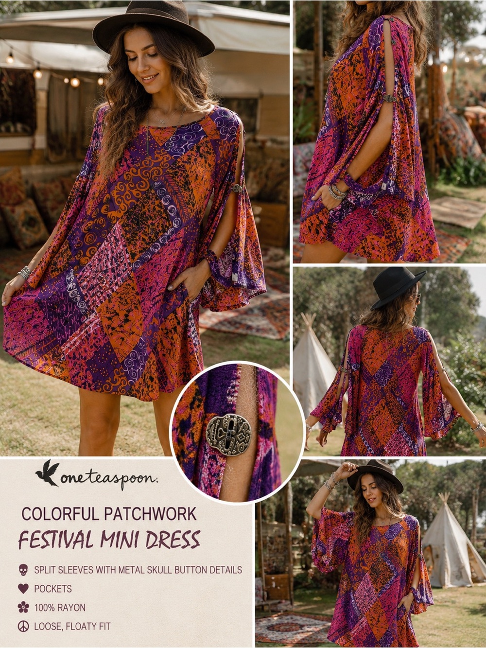 One Teaspoon Colorful Patchwork Festival Mini Dress Skull Buttons Pockets Small